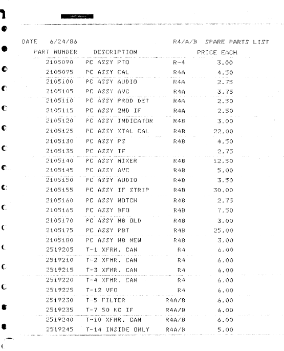 Drake R-4A - Spare Parts Price List 1986