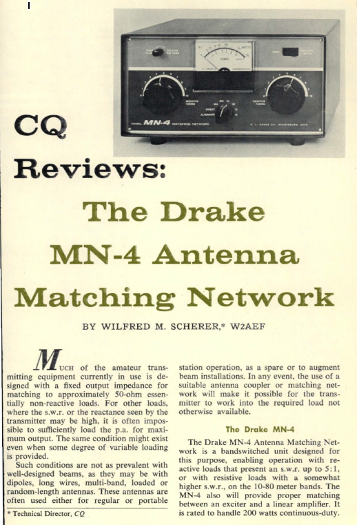 Drake MN-4 Matching Network - Review by CQ Amateur Radio (1968-01)