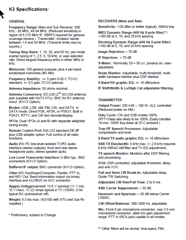 Elecraft K3 - Specifications 2007