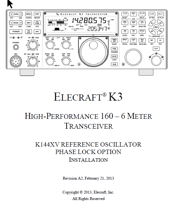 Elecraft K3 - K144XV Reference Oscillator Phase Lock Installation Manual - Rev. A2