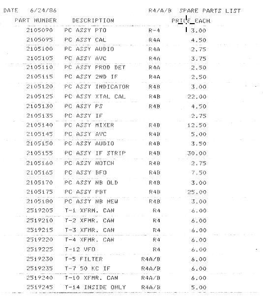 Drake R-4B - Spare Parts Price List 1986