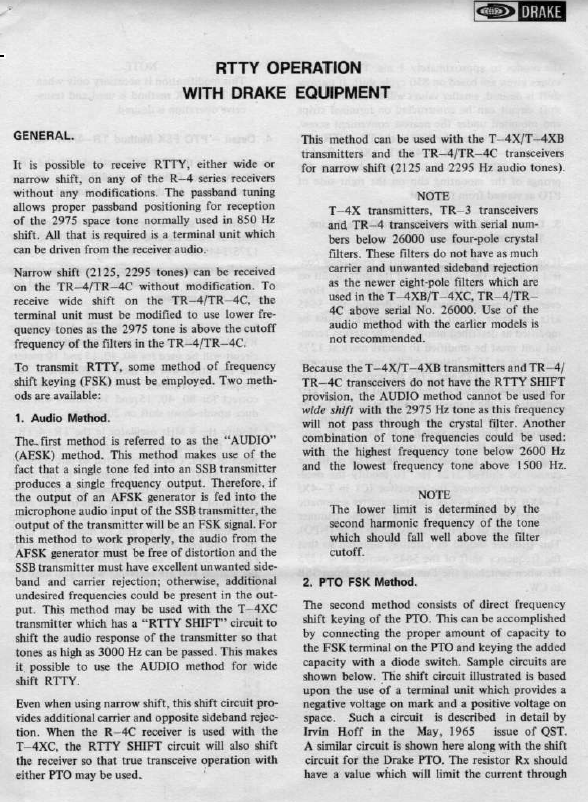 Drake Service Bulletin - RTTY Operations with Drake Equipment