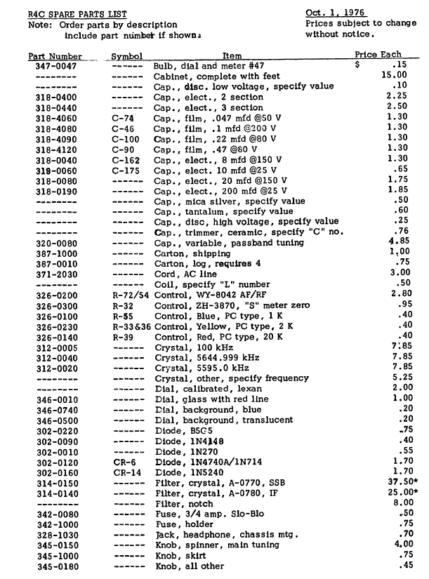 Drake R-4C - Spare Parts List (1976-10)