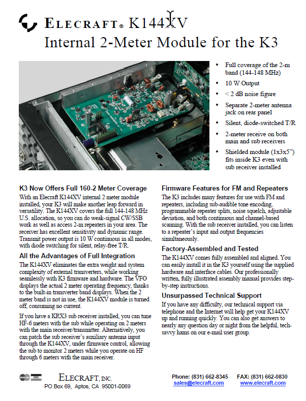 Elecraft K3 - K144XV Internal 2 Meter Module Brochure (Rev 4)