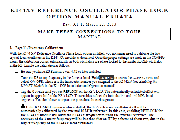 Elecraft K3 - K144XV Reference Oscillator Phase Lock Option Errata - Rev. A1-1 (E740155E)