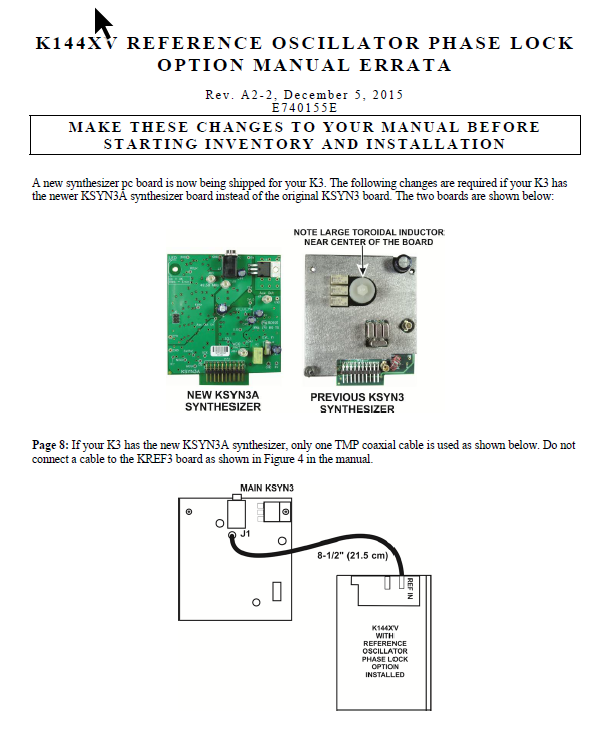 Elecraft K3 - K144XV Reference Oscillator Phase Lock Option Errata - Rev. A2-2 (E740155E)
