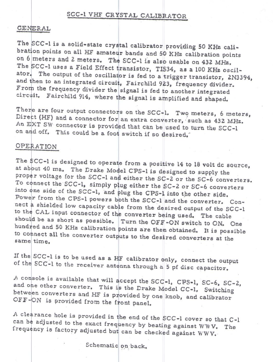 Drake SCC-1 Crystal Calibrator - Instructio Sheet