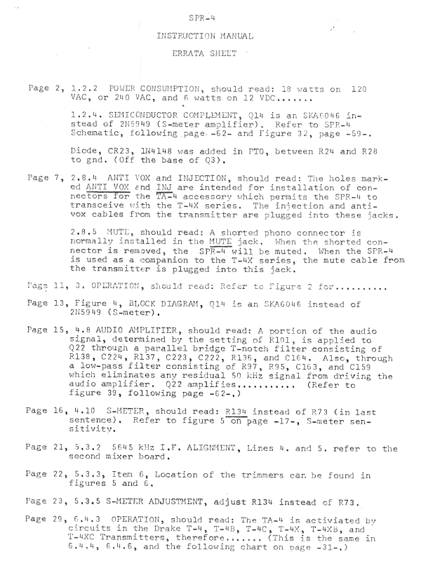 Drake SPR-4 - Instruction Manual Errata Sheet