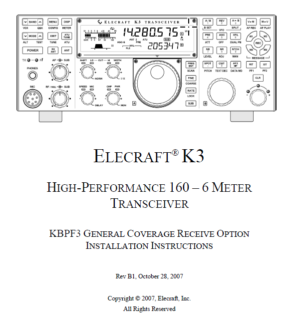 Elecraft K3 - KBPF3 General Coverage Receive Option Installation Instructions - Rev. B