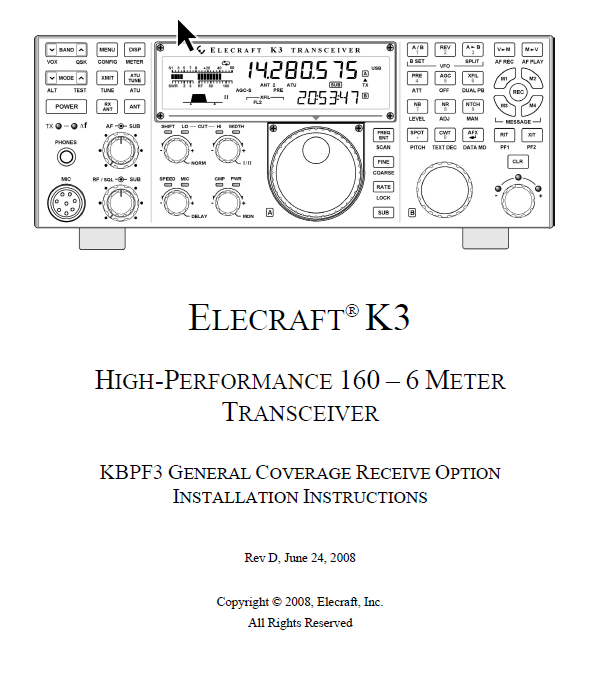 Elecraft K3 - KBPF3 General Coverage Receive Option Installation Instructions - Rev. D