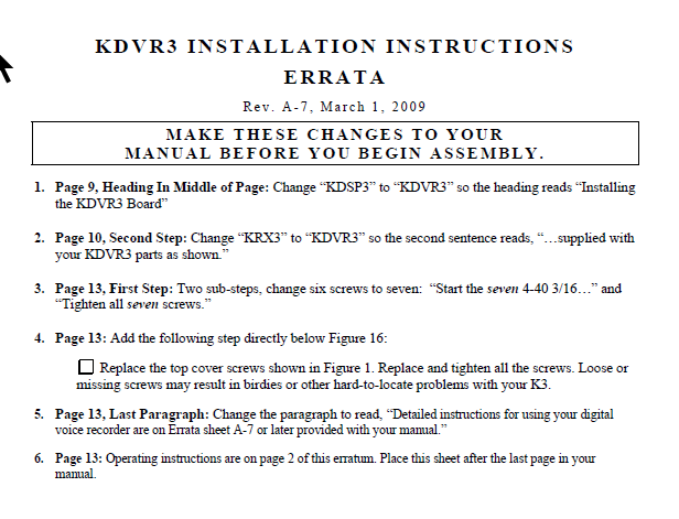 Elecraft K3 - KDVR3 Digital Voice Recorder Option Installation Instructions - Rev. A-7