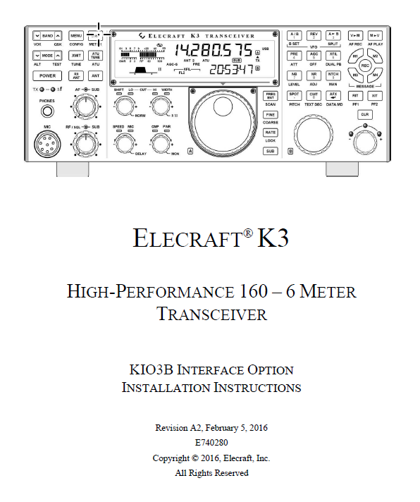 Elecraft K3 - KIO3B Interface Option Installation Instruction Manual - Rev. A2
