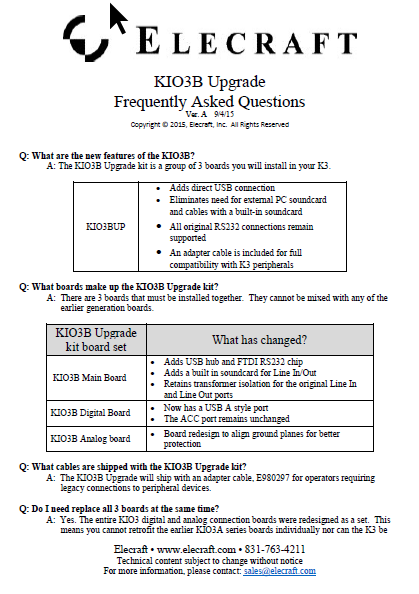 Elecraft K3 - KIO3B Upgrade Frequently Asked Questions - Rev. A
