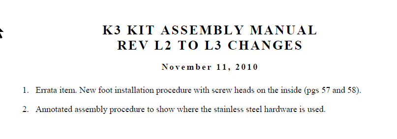 Elecraft K3 - Kit Assembly Manual - Rev. L2 to L3 Changes (E740108)