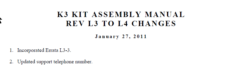 Elecraft K3 - Kit Assembly Manual - Rev. L3 to L4 Changes (E740108)