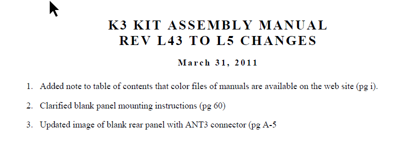 Elecraft K3 - Kit Assembly Manual - Rev. L4 to L5 Changes (E740108)