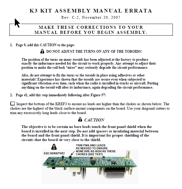 Elecraft K3 - Kit Assembly Manual Errata - Rev. C-2 (E740108E)