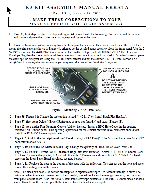 Elecraft K3 - Kit Assembly Manual Errata - Rev. L3-3 (E740108E)