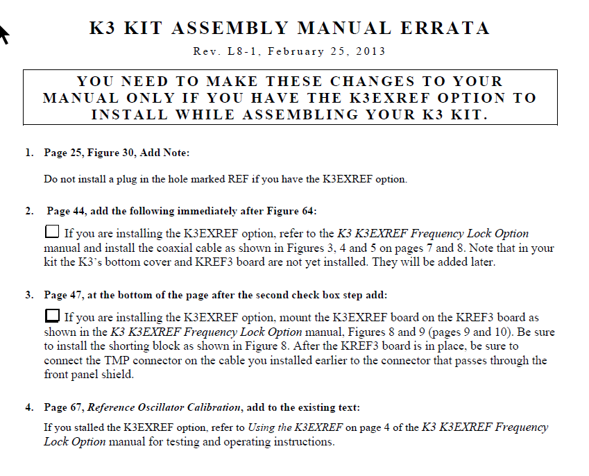 Elecraft K3 - Kit Assembly Manual Errata - Rev. L8-1 (E740108E)
