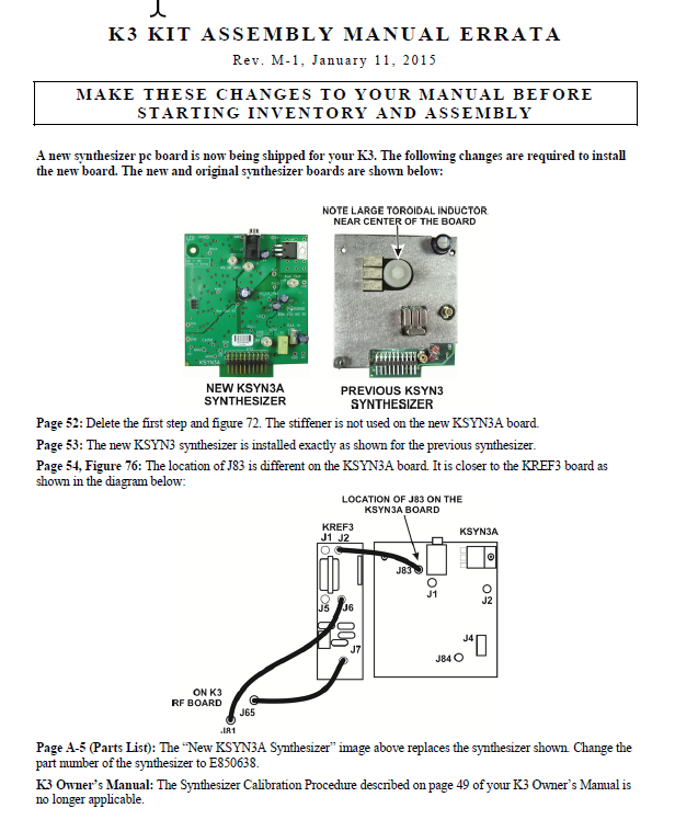 Elecraft K3 - Kit Assembly Manual Errata - Rev. M-1 (E740108E)