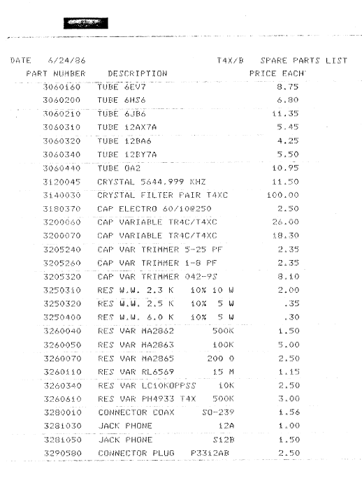 Drake T-4XB - Spare Parts Price List (1986)