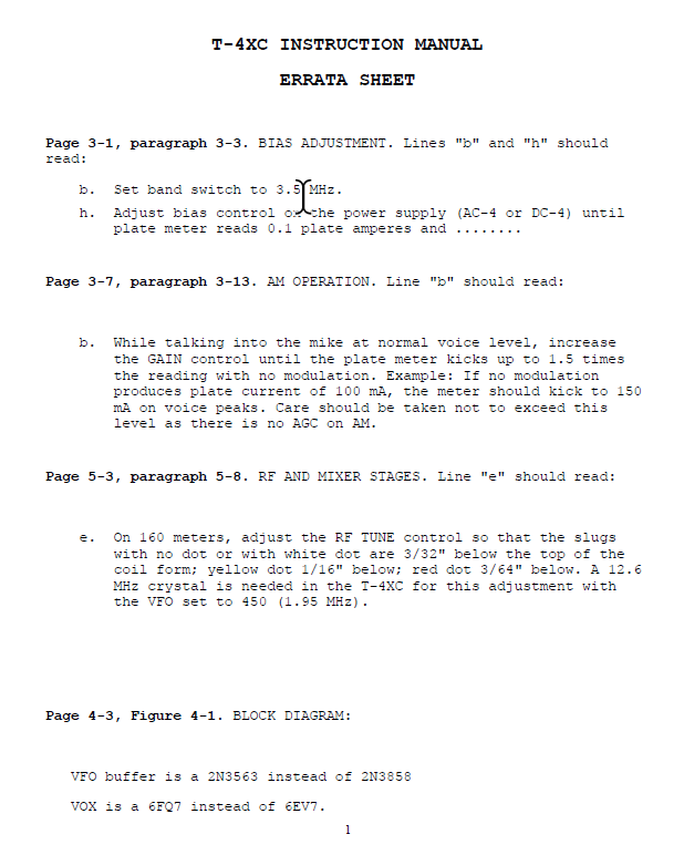 Drake T-4XC - Instruction Manual Errata Sheet