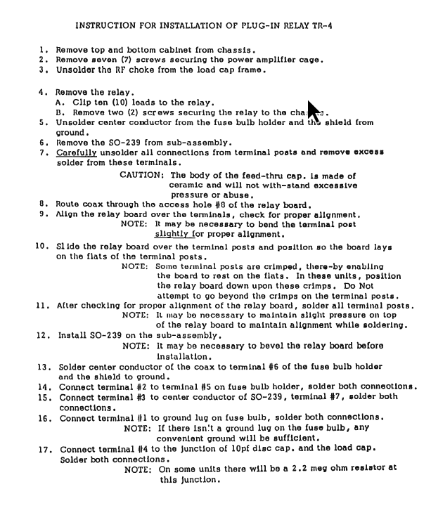 Drake TR-4 - Instructions for Installation of Plugin Relay Kit