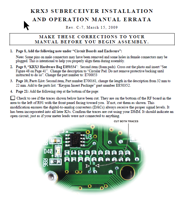 Elecraft K3 - KRX3 Subreceiver Installation and Operation Manual Errata - Rev. C-7