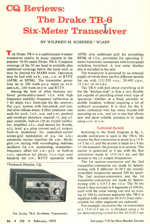 Drake TR-6 - Review by CQ Magazine (1970-02)
