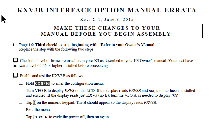 Elecraft K3 - KXV3B Interface Option Installation Instructions - Rev. C-1 (E740263)
