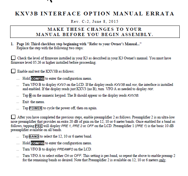 Elecraft K3 - KXV3B Interface Option Manual Errata - Rev. C2 (E740263E)