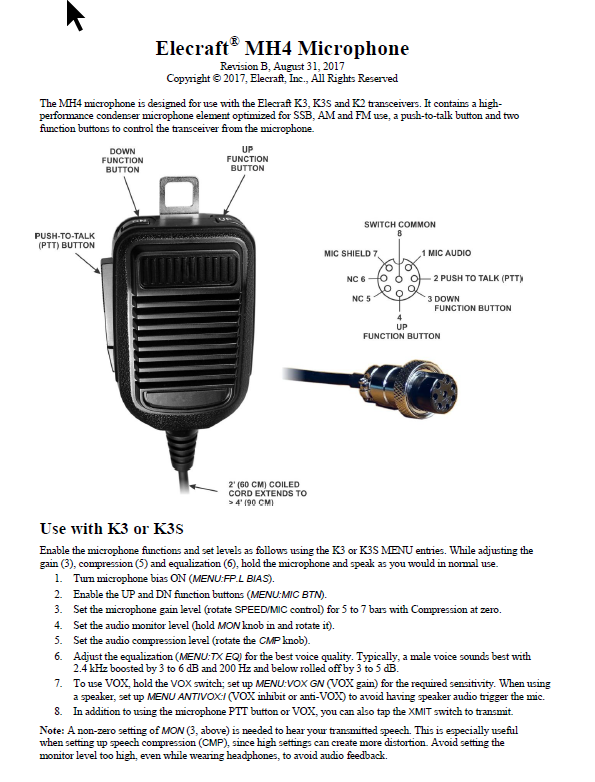 Elecraft K3 - MH4 Microphone Data Sheet - Rev. B