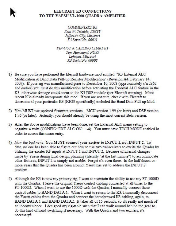 Elecraft K3 - Connecting the K3 to the Yaesu Quadra Amplifier