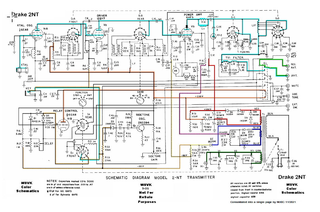 Drake 2-NT - Coloured Schematic (By W8VK)