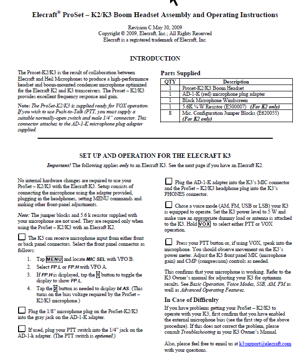 Elecraft K3 - Heil ProSet Boom Headset Assembly and Operating Instructions