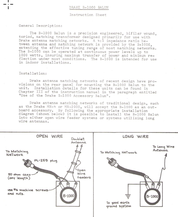 Drake B-1000 Balun - Instruction Manual