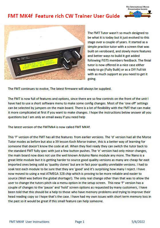 Kanga Products FMT MK4 CW Trainer - User Guide