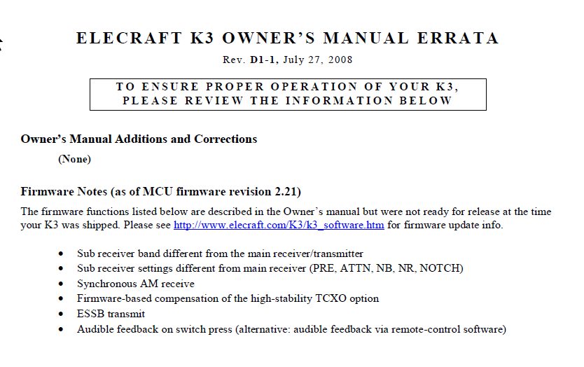 Elecraft K3 - Owner's Manual Errata - Rev. D1-1 (E740107E)
