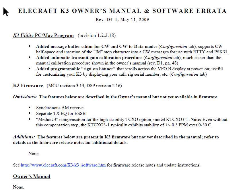 Elecraft K3 - Owner's Manual Errata - Rev. D4-1 (E740107E)
