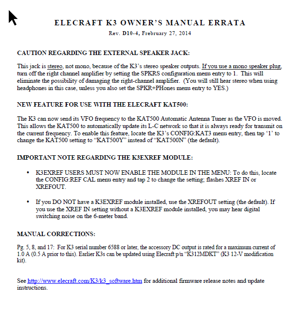 Elecraft K3 - Owner's Manual Errata - Rev. D10-4 (E740107E)