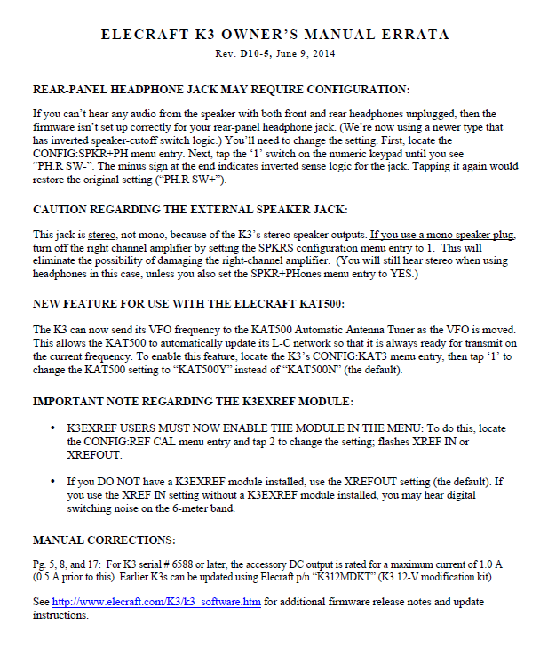 Elecraft K3 - Owner's Manual Errata - Rev. D10-5 (E740107E)