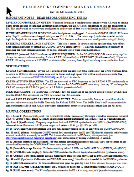 Elecraft K3 - Owner's Manual Errata - Rev. D10-8 (E740107E)