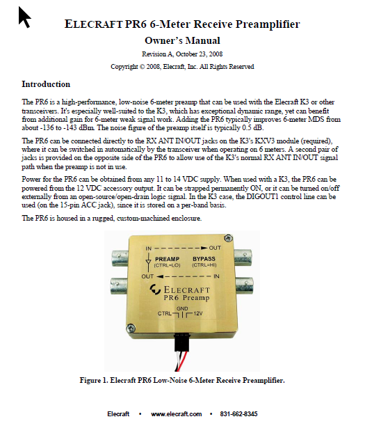 Elecraft K3 - PR6 6 Meter Receiver Preamplifier Owner's Manual (Rev A)