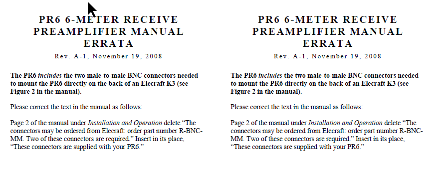 Elecraft K3 - PR6 6 Meter Receiver Preamplifier Owner's Manual Errata (Rev A-1)