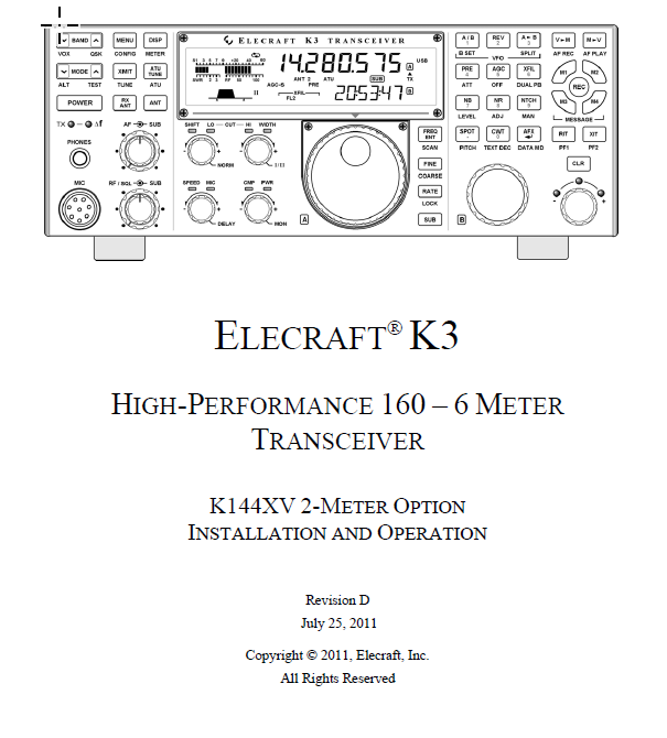Elecraft K3 - K144XV 2 Meter Option Installation and Operation Manual - Rev. D (E740146)