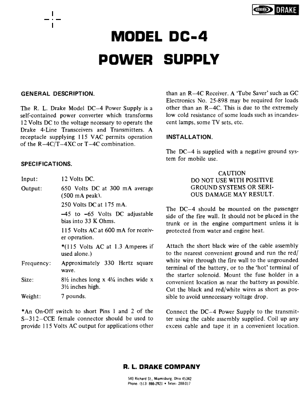 Drake DC-4 Power Supply - Instruction Manual