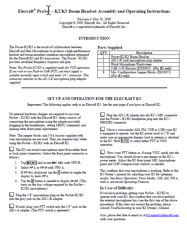 Elecraft K3 - ProSet – K3 Boom Headset Assembly and Operating Instructions - Rev. C (E740063)