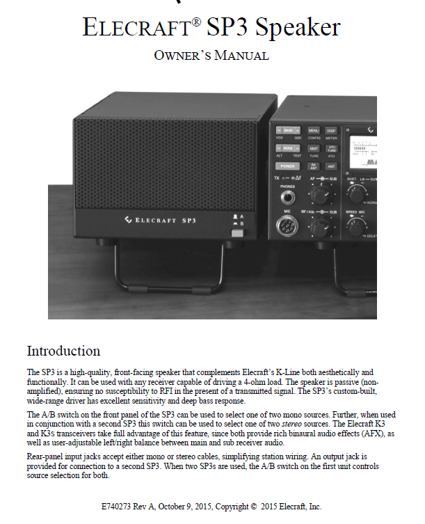 Elecraft K3 - SP3 Speaker Owner's Manual - Rev. A (E740273)