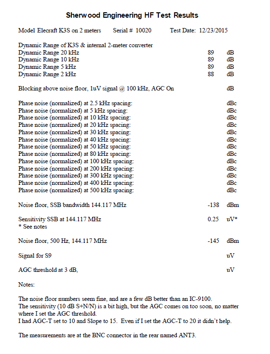 Elecraft K3S - Rob Sherwood Full Test Results for the Internal 2 Meter Transverter - Rev. 1A