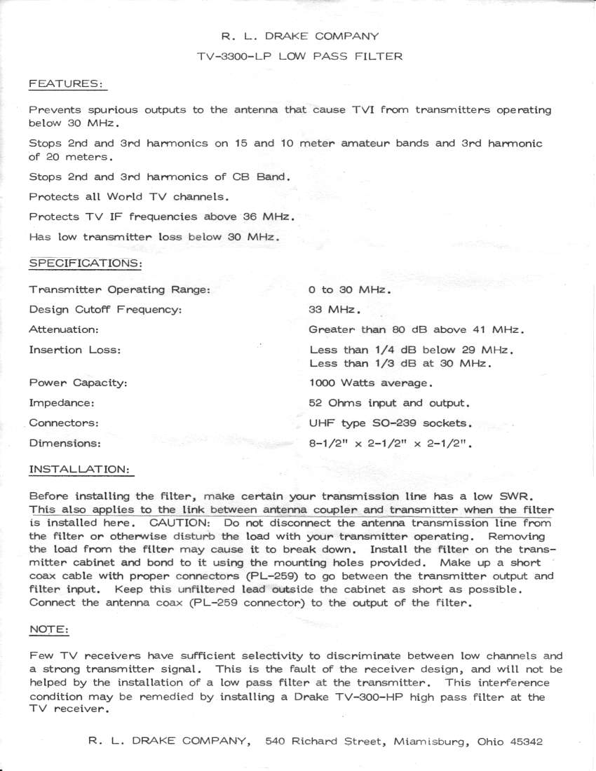 Drake Service Bulletin - Drake TV-3300-LP Low Pass Filter